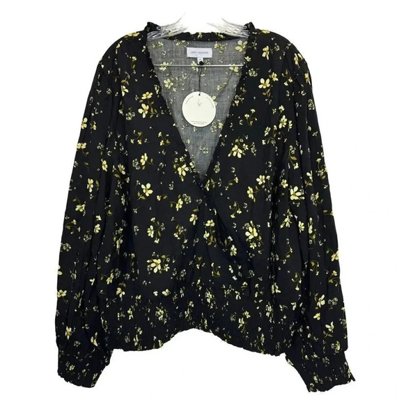 Lost + Wander Daisy Floral Long Sleeve Crop Top 2X Black Smocked Ruffle V-Neck - Picture 2 of 12